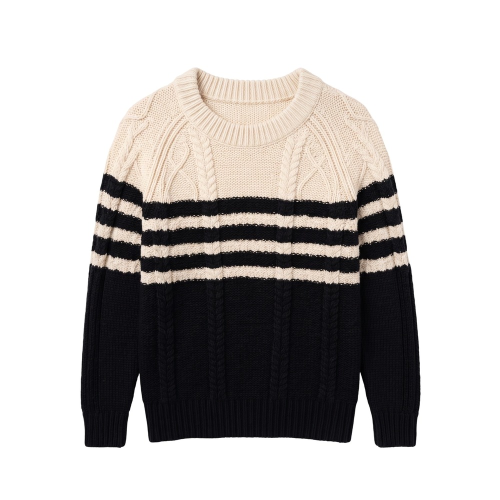 LL Bean Signature Cotton Fisherman Sweater L Small Striped Cable Knit Pullover